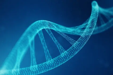 A stylised drawing of the DNA double Helix with 1s and 0s appearing in the bonds between the molecules to illustrate its synthetic nature