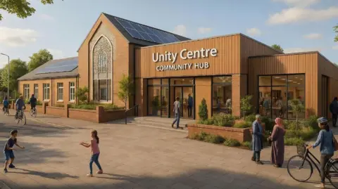 UKIM Peterborough An artist's impression shows a modern brown building. One side has large glass windows, a central part has a pitched roof with solar panels and the left side is one-storey with sash-style windows. A pedestrian area is in front showing people on bikes, others walking and some children playing. 