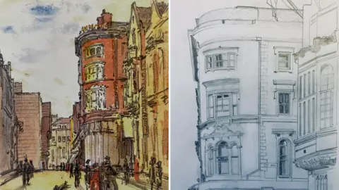 CC, CCBY, Coventry Archives/ Christopher Sidwell High Street in Coventry depicted in a watercolour by Sydney Bunney next to a sketch by artist Christopher Sidwell
