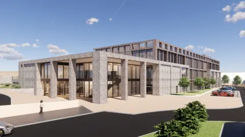 An artist's design of the outside of the civic centre which is washed out grey with big windows and a carpark and green trees lining the outside. 