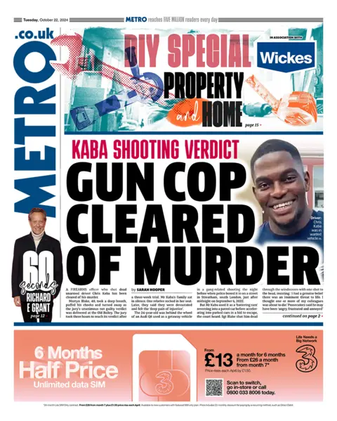 The headline in the Metro reads: "Gun cop cleared of murder". 