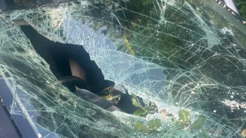 A car windscreen is completely shattered with a large hole smashed through it and leaves and debris scattered across the glass.