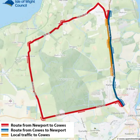 Isle of Wight Council The map shows three lines, red, blue and yellow. The blue line shows traffic can drive southbound on Cowes Road. The red line shows the diversion along Forest Road, Whitehouse Road, Rolls Hill and Pallance Road for northbound traffic. The yellow line shows a local traffic route to Cowes for those who live north of the development site.
