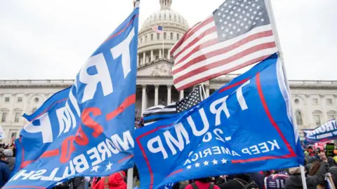 Crowd scene outside the US Capitol building on 6 January 2021. A mass of people wave US flags and Trump banners