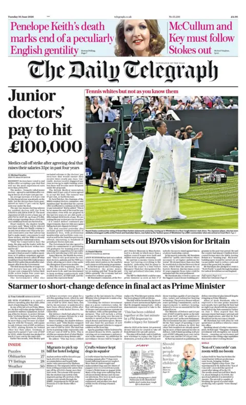 "Junior doctors pay to hit £100,000" reads the headline on the front page of the Daily Telegraph.