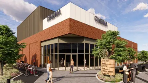 An artist's impression of a cinema, which is a red-brick building, with blue sky and some clouds above
