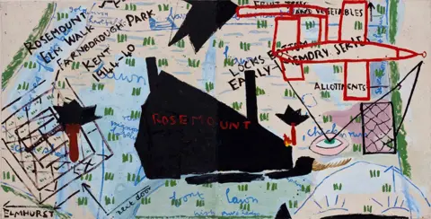 Rose Wylie The artist’s family home is pictured as a blacked-out, rough triangle in the middle of the painting. Its name scrawled in red paint on its surface. The painting is a map, of sorts; an aerial viewpoint denoted by the artist’s single floating eye looking upwards, with thin black lines projected from the pupil towards the red outline of a ‘doodlebug’, headed her way. 