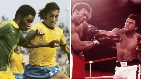A split image shows a Zaire football player taking on a Brazilian opponent while Muhammed Ali throws a punch at George Foreman