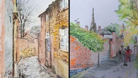CC, CCBY, Coventry Archives/Christopher Sidwell Two images of Hill Top, one in a watercolour next to one sketched in coloured pencil. 