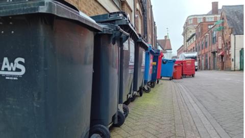 Black wheelie bins and red and blue skips in a street