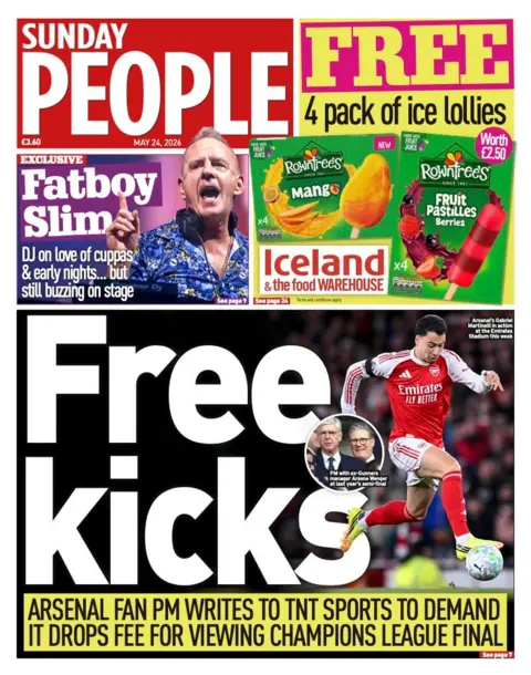The headline on the front page of Sunday People reads: "Free kicks."