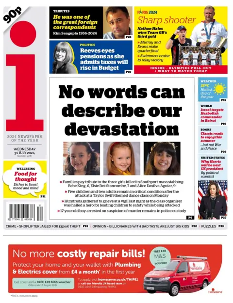 The headline on the front page of the i newspaper reads: "No words can describe our devistation"