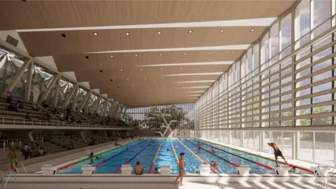 GLA / Morgan Sindall Construction A computer generated image of a redeveloped 50m swimming pool