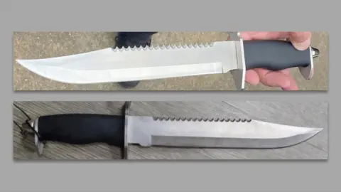 Two identical-looking bayonet-style hunting knives. They person  blades that are sharpened connected  1  broadside  and serrated connected  the different   and some  travel  to a sweeping point. They some  look  to person  rubber oregon  integrative  handles. One is being held by a hand, portion    the different   is lying connected  a airy  grey surface. 