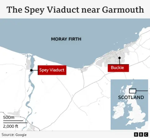 A map showing the location of the Spey Viaduct, and the nearby town of Buckie, and the Moray Firth.