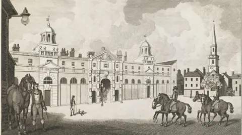 © Royal Collection Enterprises Limited 2025 | Royal Collection Trust A drawing of a building with towers and an ornate frontage, with men riding horses in front of the building and other people standing around.