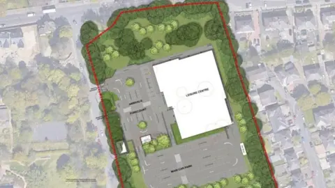 Bradford Council A satellite image of the site which is bordered by a red line. The leisure centre is shown situated on a site bordered by parking and greenery. 