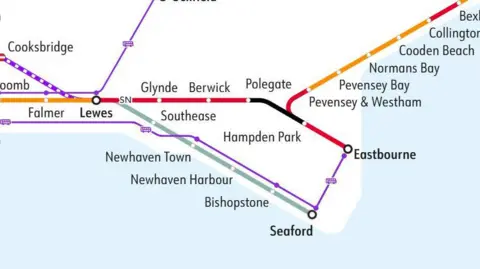 Southern A train route map. 