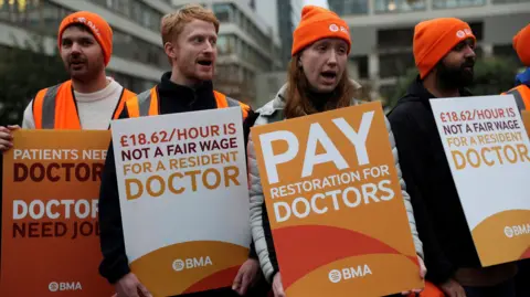 Resident doctors from the British Medical Association picket outside St Thomas' Hospital striking