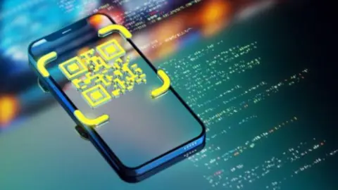 A mobile phone and a QR code.