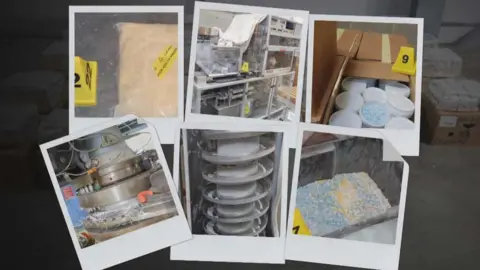 NCA Six Polaroid-style images showing various elements of the Etizolam factory. These include pill containers in cardboard boxes; powder in clear bags; and machines