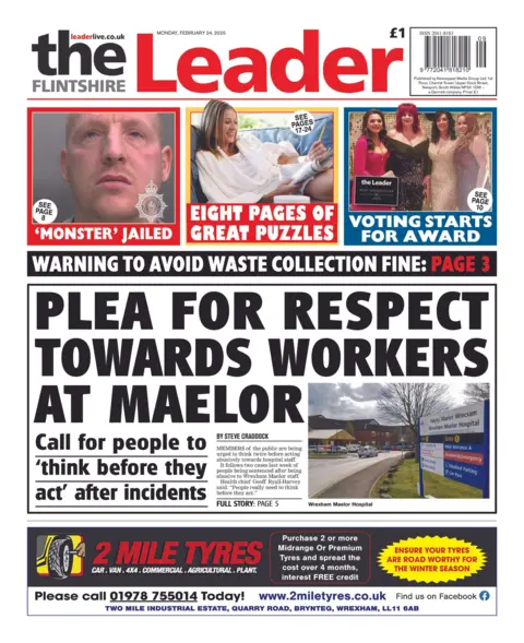 Flintshire Leader Flintshire Leader newspaper front page shows the main headline next to a photo of Wrexham Maelor Hospital: Plea for respect towards workers at Maelor. Other headlines on the front page are: Warning to avoid waste collection fine. 'Monster' jailed, and 'Voting starts for award'. 