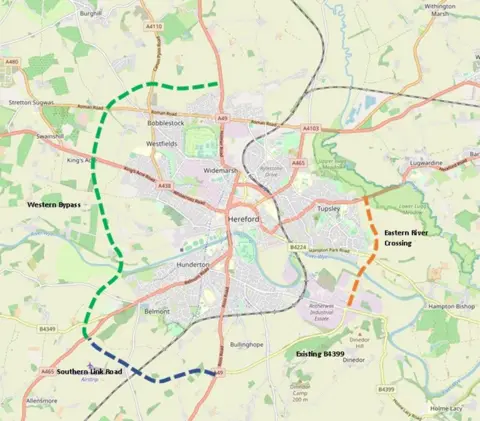 Herefordshire Council A map showing two dotted lines around the western edge of Hereford. A blue line from the south to south-west indicates the Southern Link Road, or phase 1, while a longer green line links this to the A49 north of the city. This is phase 2.