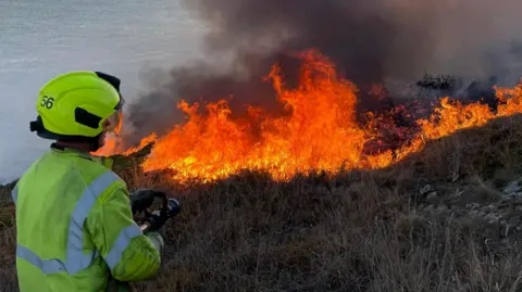 A firefighter in protective clothing standing at the edge of a moorland wildfire by the sea and using a swatter to try and extinguish the flames. Gorse and vegetation is ablaze in the background.
