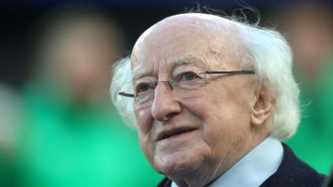 DUBLIN, IRELAND - FEBRUARY 11: Michael D.Higgins, the Ireland President, looks on during the Guinness Six Nations 2024 match between Ireland and Italy at Aviva Stadium on February 11, 2024 in Dublin, Irelan