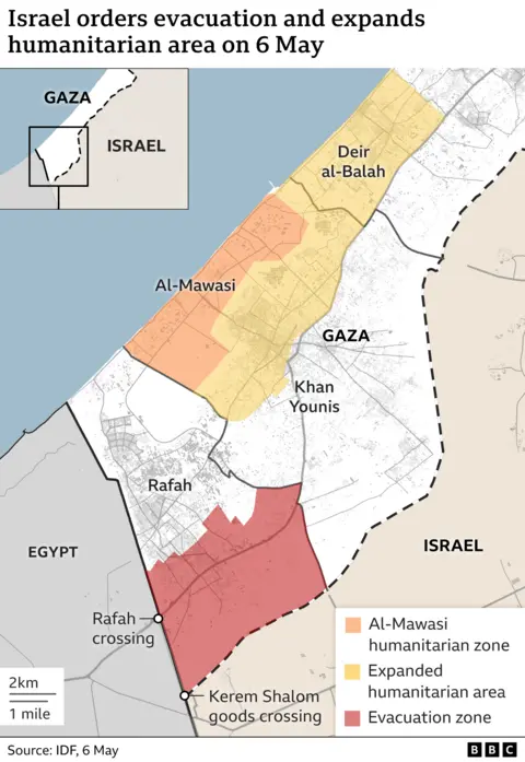 Map showing Israeli-declared evacuation zone in Rafah and expanded humanitarian area (6 May 2024)