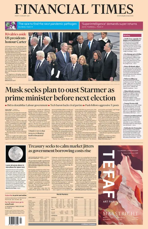 "Musk mencari rencana untuk menggulingkan Starmer sebagai perdana menteri sebelum pemilu berikutnya" menjadi berita utama Financial Times 