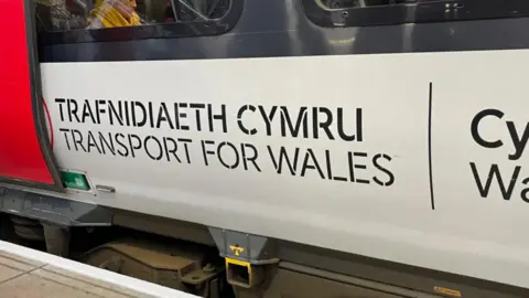 A close up of a train stationary in a station with the words Transport for Wales written on the side of a grey and red train.