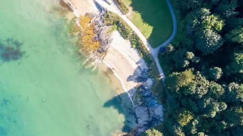 Aerial shot of Helen's Bay beach, showing sand, water and greenery.
