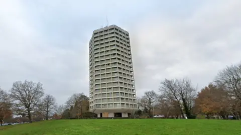 Google The 18-storey tower block Point Royal tower on Rectory Lane, Easthampstead. It is a large concrete hexagonal building with windows and balconies. It is surrounded by grass and trees. The picture is taken on a grey overcast day.
