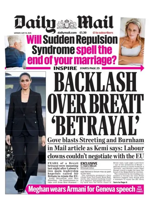 The headline on the front page of the Daily Mail reads: "Backlash over Brexit betrayal."