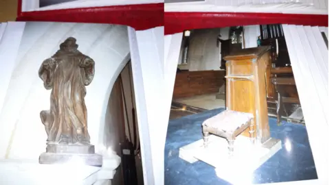 Tracey Hicks Photos in an album. They include a dark brown statue and a prayer stool next to a wooden lectern.