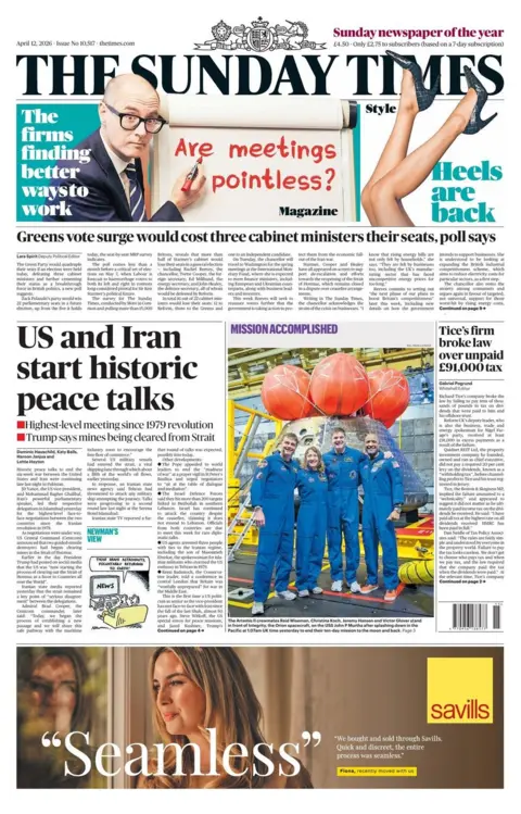 The headline on the front page of the Sunday Times reads: "US and Iran start historic peace talks."