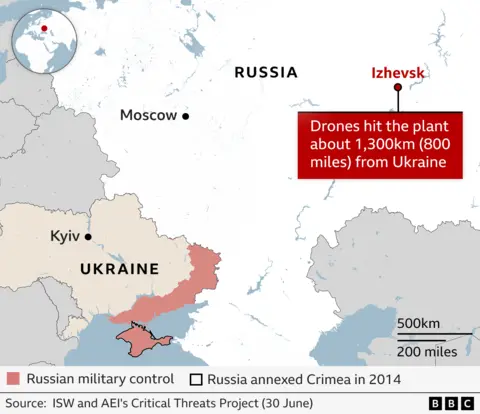 A map showing parts of Russia and Ukraine marking Moscow, Kyiv and Izhevsk, the latter includes a red box with text stating: ‘Drones hit the plant about 1,300km (800 miles) from Ukraine.' The map highlights areas of southern and eastern Ukraine under Russian military control and the region of Crimea annexed by Russia in 2014.