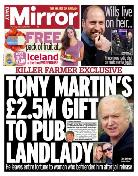 The front page of the Daily Mirror reads: "Tony Martin's £2.5m Gift To Pub Landlady."