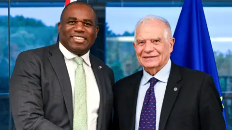 EPA EU High Representative for Foreign Affairs and Security Policy Josep Borrell (R) welcomes Foreign Secretary David Lammy (L) at the start of the European Foreign Affairs Council in Luxembourg City