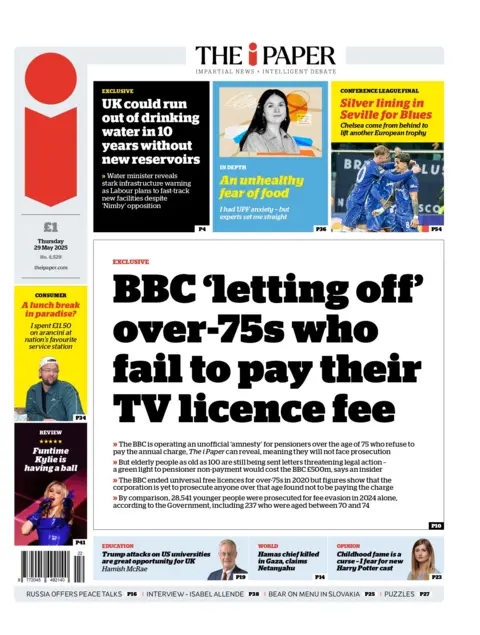 "BBC 'letting off' over-75s who fail to pay their TV license fee" reads the headline on the front page of The i Paper.