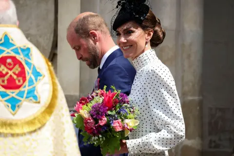 Phil Noble/REUTERS Britain's William, Prince of Wales, and Catherine, Princess of Wales, leave Westminster Abbey after attending the Service of Thanksgiving as part of commemorations for the 80th anniversary of Victory in Europe (VE) Day, in London, Britain, May 8, 2025. REUTERS/Phil Noble