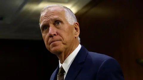A portrait image of U.S. Sen. Thom Tillis (R-NC) at a Senate Veterans Affairs Committee hearing with U.S. Secretary of Veterans Affairs in the Dirksen Senate Office Building on May 06, 2025 in Washington, DC.