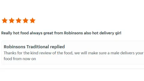 Just Eat A screenshot of the review on Just Eat, with Robinson's response