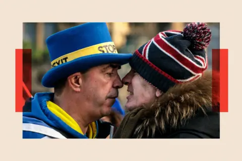 Getty Images Anti-Brexit protester Steve Bray (L) and a pro-Brexit protester argue as they demonstrate outside the Houses of Parliament in Westminster