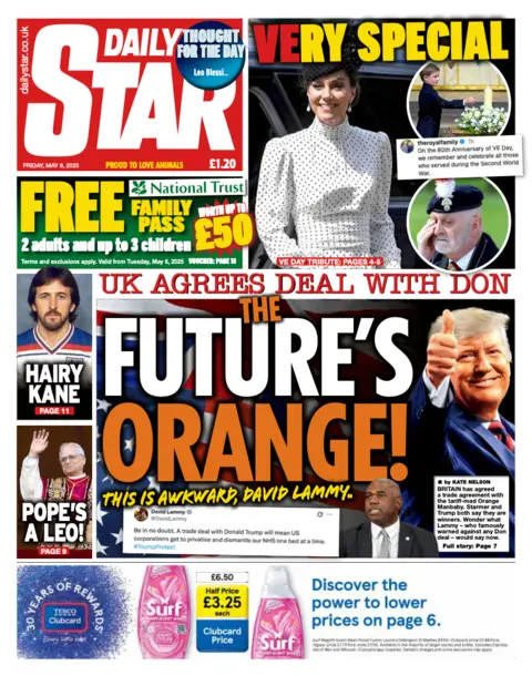 The Daily Star's front page headline states "The future's orange!" referencing the UK-US trade deal. It sits alongside a picture of President Trump whose skin tone appears to have been artificially been enhanced with a tangerine hue. 