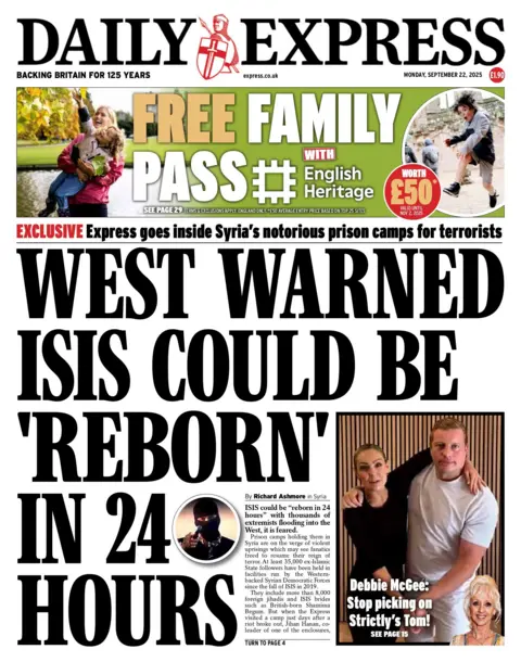 "West warned Isis could be 'reborn' in 24 hours" reads the headline on the front page of the Daily Expres. 
