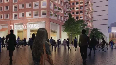 A visualisation of what the development at the site of the Bull Ring Indoor Market could look like, showing crowds walking towards a new building with the sign that says the playhouse on it. 
