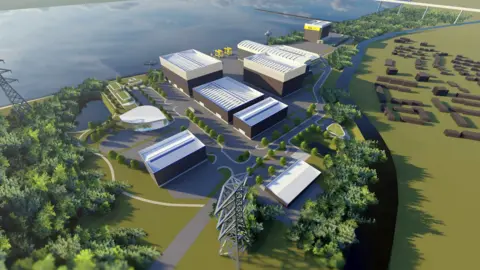 Malin A visualisation of industrial buildings beside a river, surrounded by fields and trees