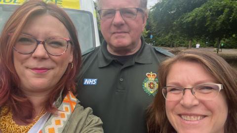 Louise Holmes and Victoria Rothwell with Richard from Yorkshire Ambulance Service